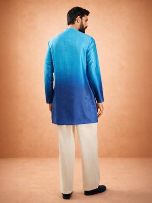 blue ombre silk blend sequin kurta with cream fine satin wide leg palazzo | festive party set 5
