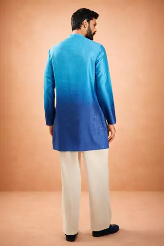 blue ombre silk blend sequin kurta with cream fine satin wide leg palazzo | festive party set