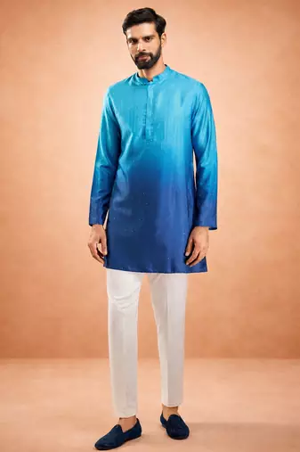 blue ombre silk blend sequin kurta with cream silk pant | wedding festive set