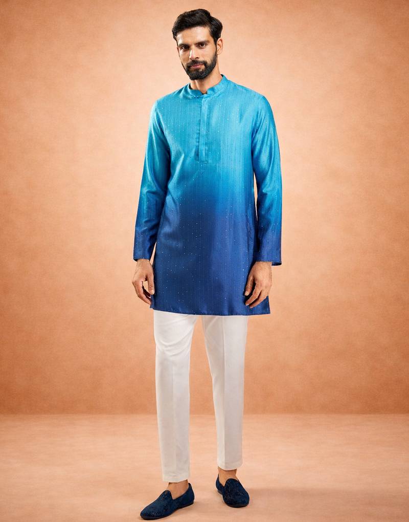 blue ombre silk blend sequin kurta with cream silk pant | wedding festive set