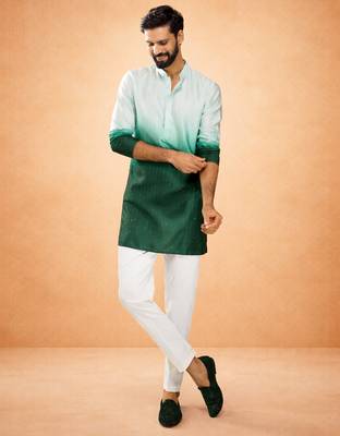 bottle green ombre silk blend sequin kurta with cream silk pant | festive wedding set 1