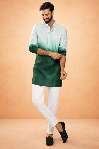 bottle green ombre silk blend sequin kurta with cream silk pant | festive wedding set