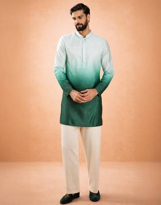 bottle green ombre silk blend sequin kurta with cream fine satin wide leg palazzo | festive set 3