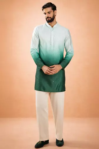bottle green ombre silk blend sequin kurta with cream fine satin wide leg palazzo | festive set