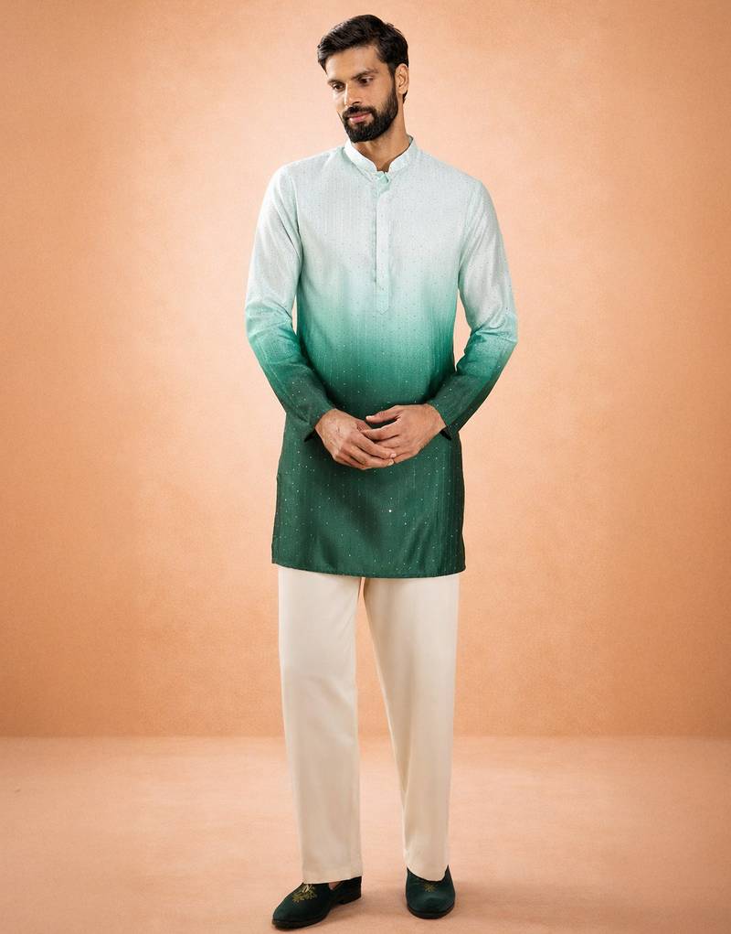 bottle green ombre silk blend sequin kurta with cream fine satin wide leg palazzo | festive set