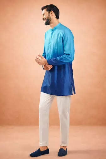 blue ombre silk blend sequin kurta with cream silk pant | wedding festive set