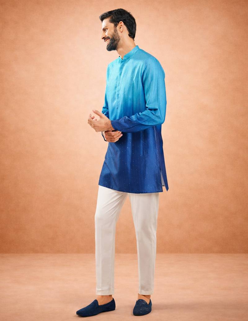 blue ombre silk blend sequin kurta with cream silk pant | wedding festive set