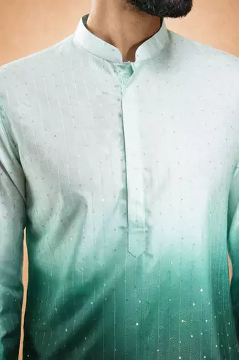 bottle green ombre silk blend sequin kurta with cream silk pant | festive wedding set