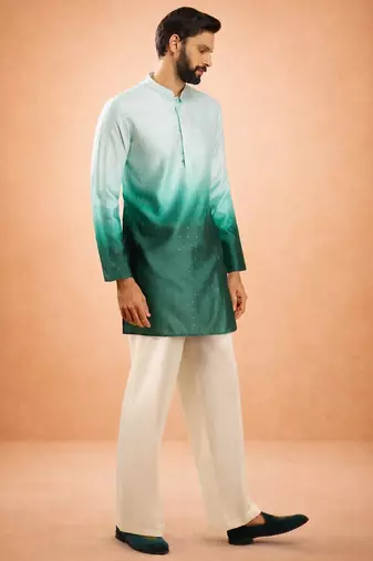 bottle green ombre silk blend sequin kurta with cream fine satin wide leg palazzo | festive set