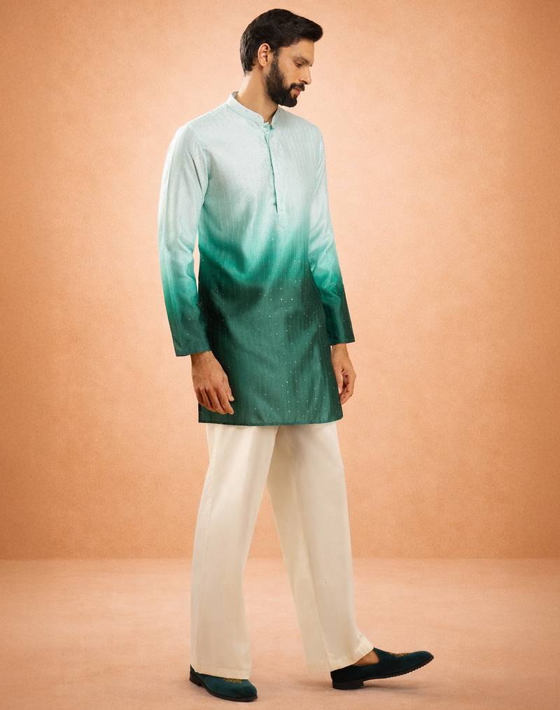 bottle green ombre silk blend sequin kurta with cream fine satin wide leg palazzo | festive set