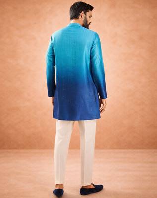 blue ombre silk blend sequin kurta with cream silk pant | wedding festive set 5