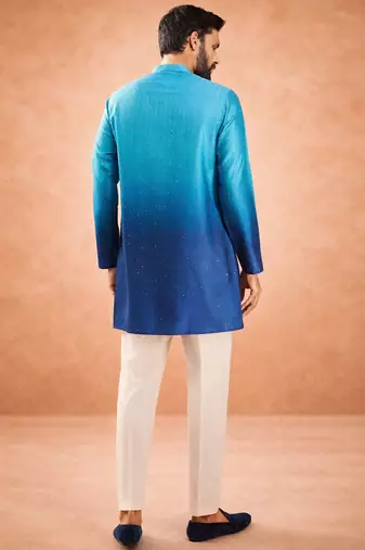 blue ombre silk blend sequin kurta with cream silk pant | wedding festive set
