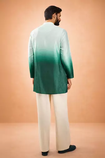 bottle green ombre silk blend sequin kurta with cream fine satin wide leg palazzo | festive set