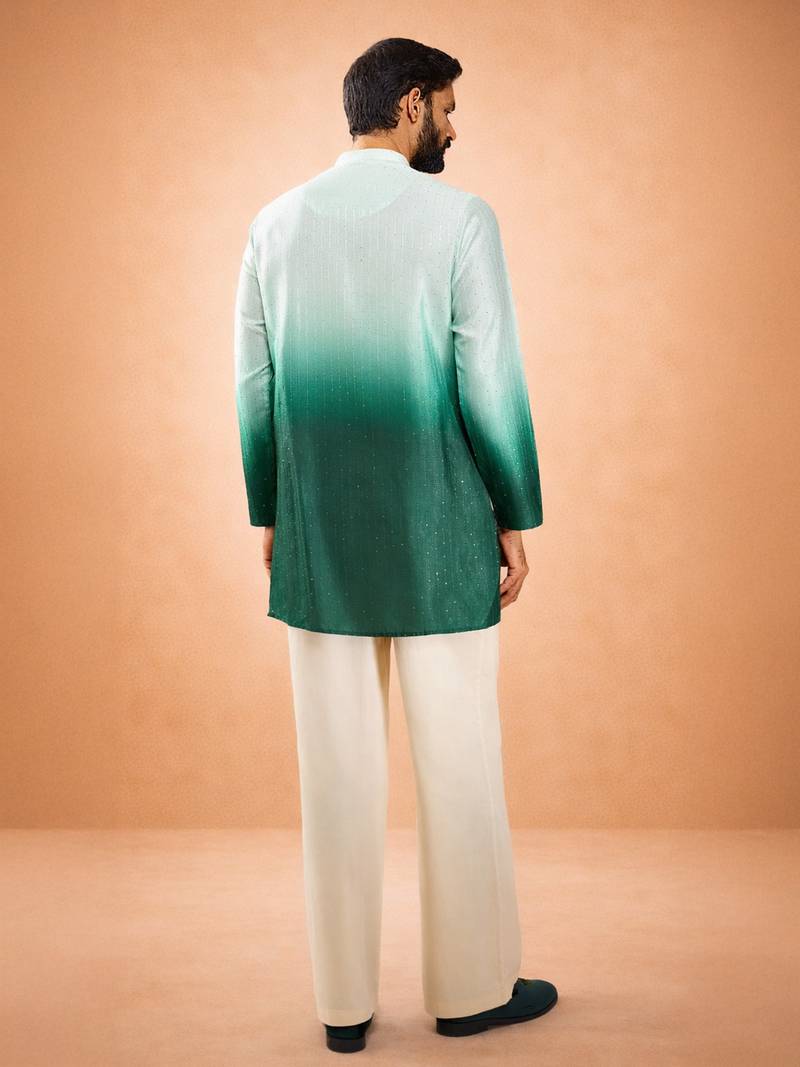bottle green ombre silk blend sequin kurta with cream fine satin wide leg palazzo | festive set
