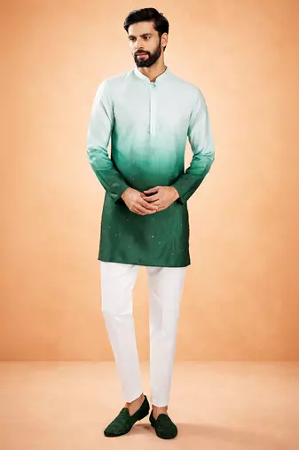 bottle green ombre silk blend sequin kurta with cream silk pant | festive wedding set