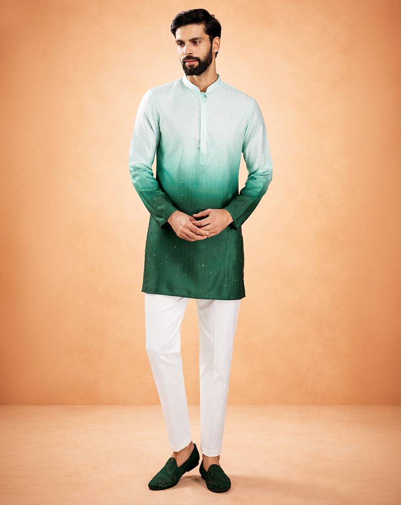 bottle green ombre silk blend sequin kurta with cream silk pant | festive wedding set