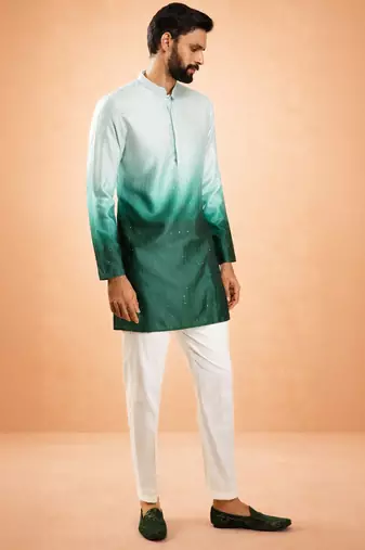 bottle green ombre silk blend sequin kurta with cream silk pant | festive wedding set