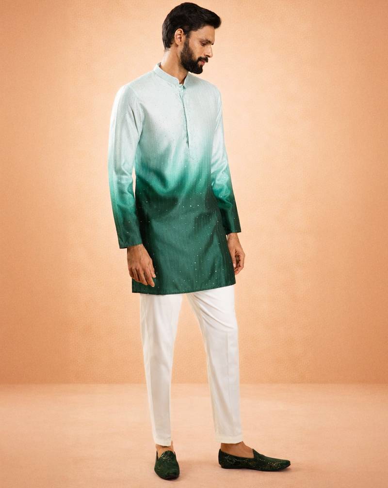 bottle green ombre silk blend sequin kurta with cream silk pant | festive wedding set