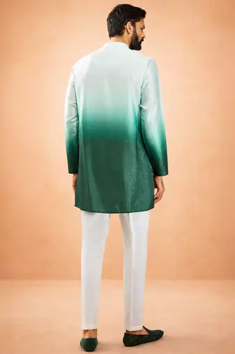 bottle green ombre silk blend sequin kurta with cream silk pant | festive wedding set