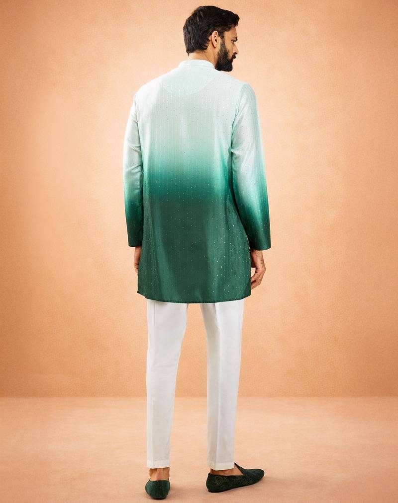 bottle green ombre silk blend sequin kurta with cream silk pant | festive wedding set