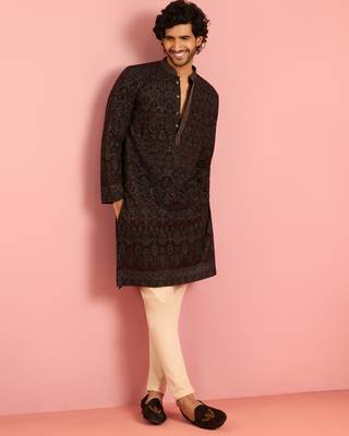 black kashmiri embroidered georgette kurta pyjama set | thread work ethnic design with beige bottom 1