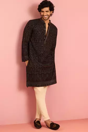 black kashmiri embroidered georgette kurta pyjama set | thread work ethnic design with beige bottom