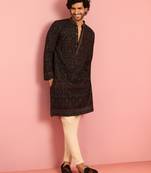 black kashmiri embroidered georgette kurta pyjama set | thread work ethnic design with beige bottom