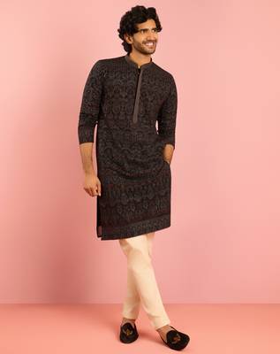 black kashmiri embroidered georgette kurta pyjama set | thread work ethnic design with beige bottom 3