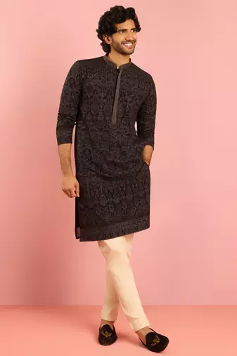 black kashmiri embroidered georgette kurta pyjama set | thread work ethnic design with beige bottom