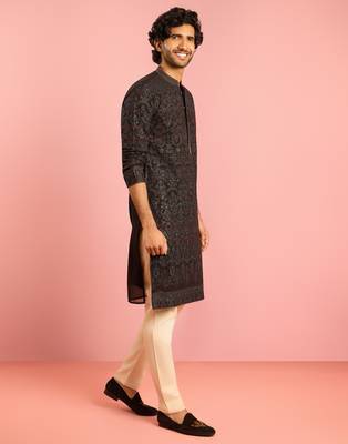 black kashmiri embroidered georgette kurta pyjama set | thread work ethnic design with beige bottom 4