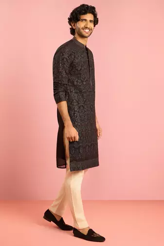 black kashmiri embroidered georgette kurta pyjama set | thread work ethnic design with beige bottom