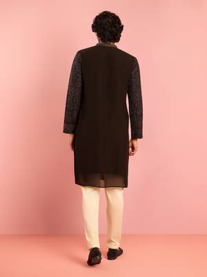 black kashmiri embroidered georgette kurta pyjama set | thread work ethnic design with beige bottom 5