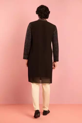 black kashmiri embroidered georgette kurta pyjama set | thread work ethnic design with beige bottom
