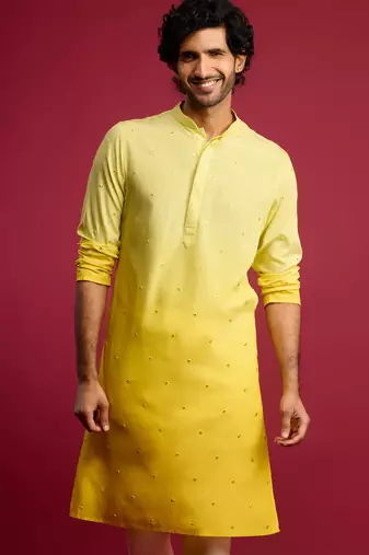 Vastramay men yellow ombre cotton blend kurta | all-over mirror work & digital print | knee length straight