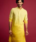Vastramay men yellow ombre cotton blend kurta | all-over mirror work & digital print | knee length straight