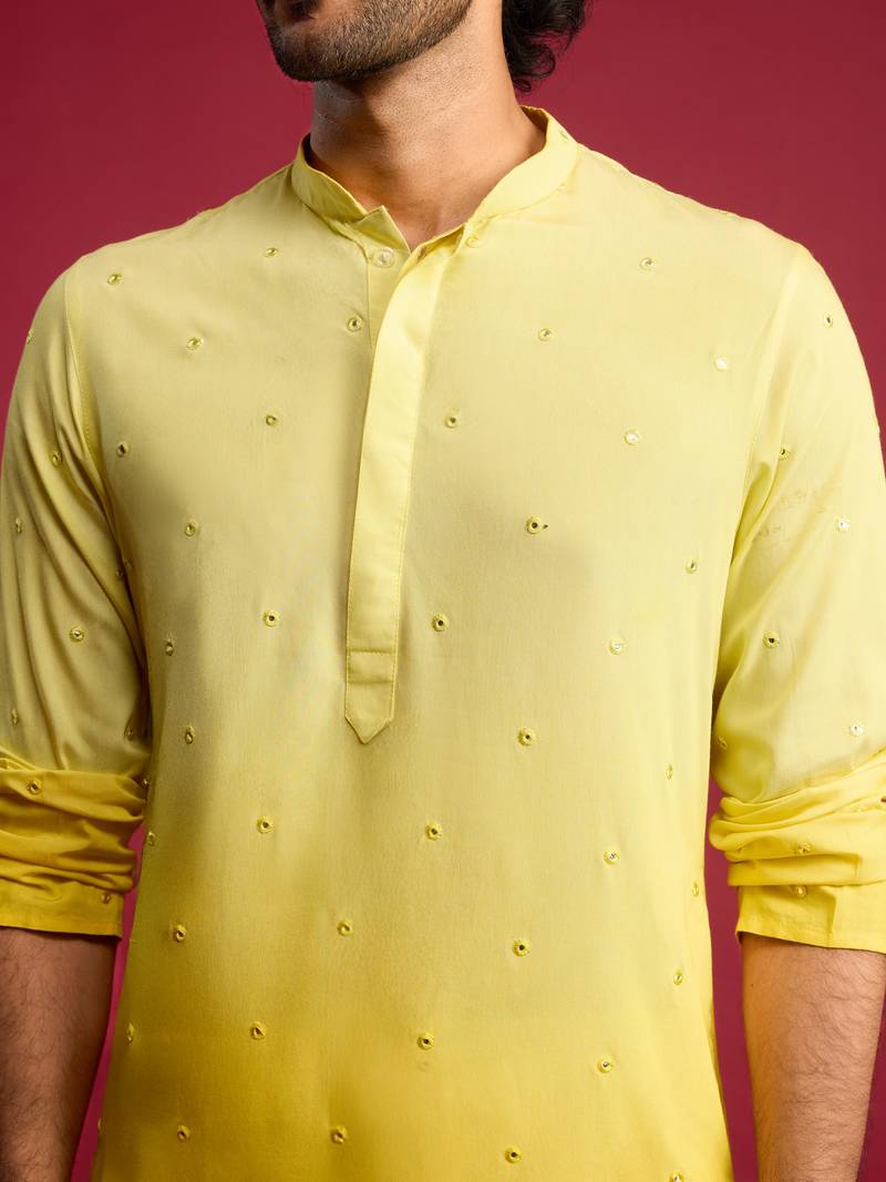 Vastramay men yellow ombre cotton blend kurta | all-over mirror work & digital print | knee length straight