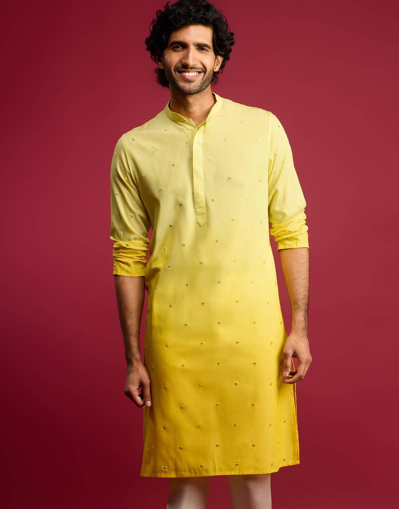 Vastramay men yellow ombre cotton blend kurta | all-over mirror work & digital print | knee length straight