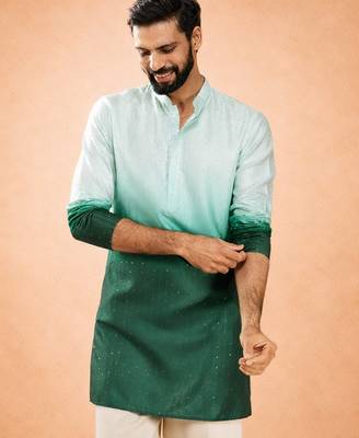 Vastramay men bottle green silk blend ombre sequin kurta | mid-length thigh cut | all-over geometric sequin 1