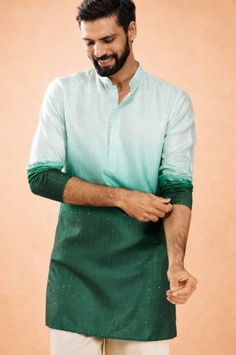 Vastramay men bottle green silk blend ombre sequin kurta | mid-length thigh cut | all-over geometric sequin