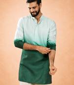 Vastramay men bottle green silk blend ombre sequin kurta | mid-length thigh cut | all-over geometric sequin