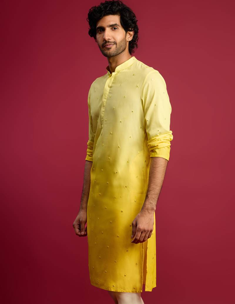 Vastramay men yellow ombre cotton blend kurta | all-over mirror work & digital print | knee length straight