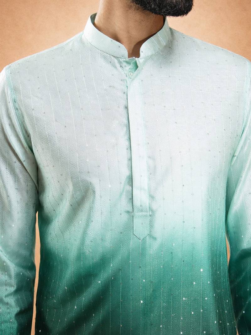 Vastramay men bottle green silk blend ombre sequin kurta | mid-length thigh cut | all-over geometric sequin