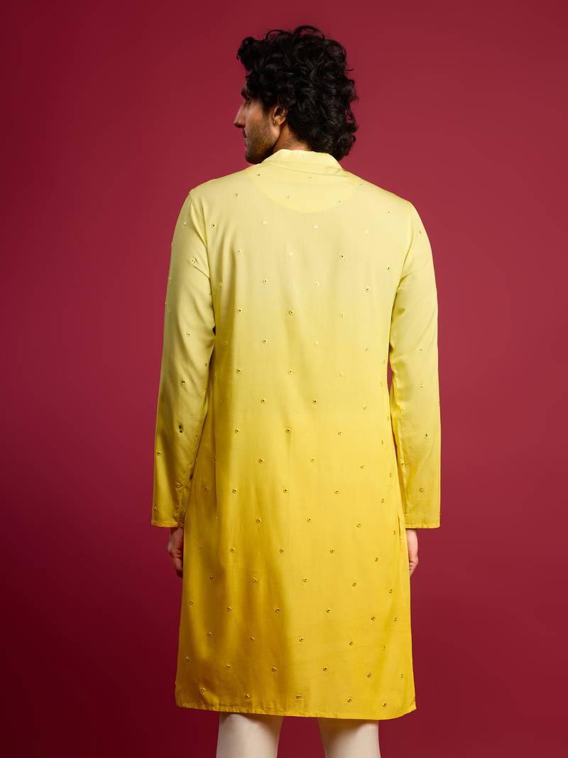 Vastramay men yellow ombre cotton blend kurta | all-over mirror work & digital print | knee length straight