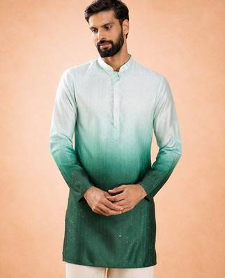 Vastramay men bottle green silk blend ombre sequin kurta | mid-length thigh cut | all-over geometric sequin 3