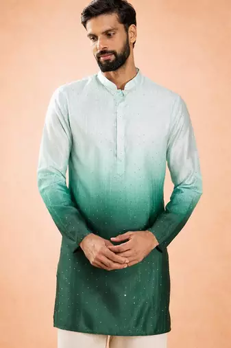 Vastramay men bottle green silk blend ombre sequin kurta | mid-length thigh cut | all-over geometric sequin