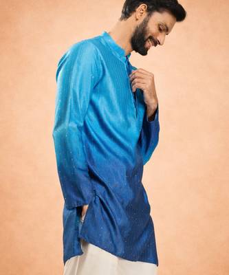 Vastramay men blue silk blend ombre sequin kurta | mid-length thigh cut | all-over geometric sequin 1