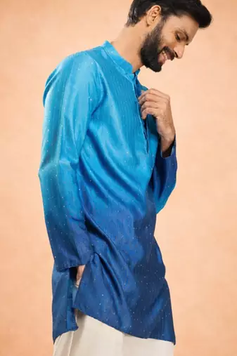 Vastramay men blue silk blend ombre sequin kurta | mid-length thigh cut | all-over geometric sequin