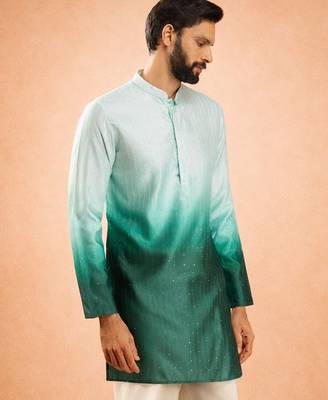 Vastramay men bottle green silk blend ombre sequin kurta | mid-length thigh cut | all-over geometric sequin 4