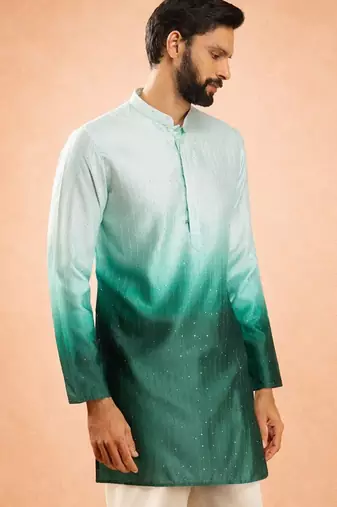Vastramay men bottle green silk blend ombre sequin kurta | mid-length thigh cut | all-over geometric sequin