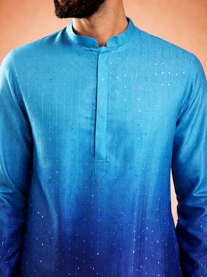 Vastramay men blue silk blend ombre sequin kurta | mid-length thigh cut | all-over geometric sequin 2